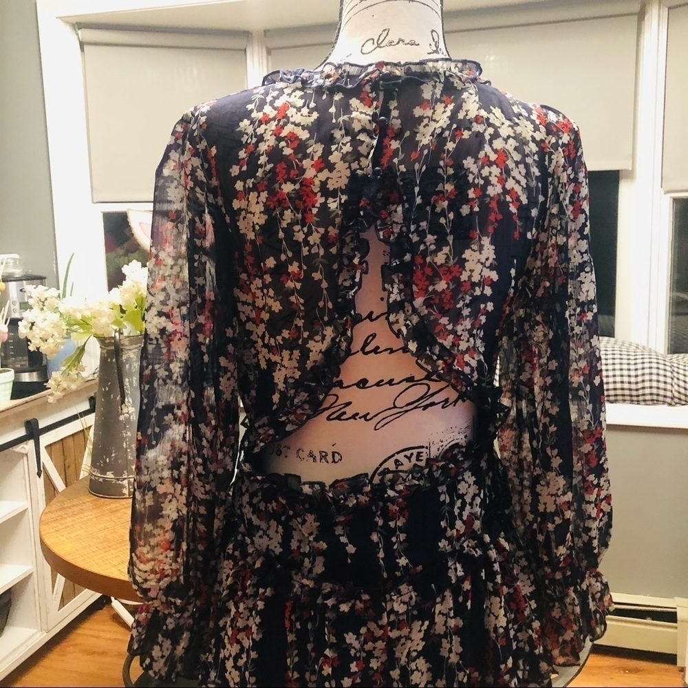 Floral Ruffle Tiered Mini Dress Open Back Long Sleeve NWT - Picture 7 of 8